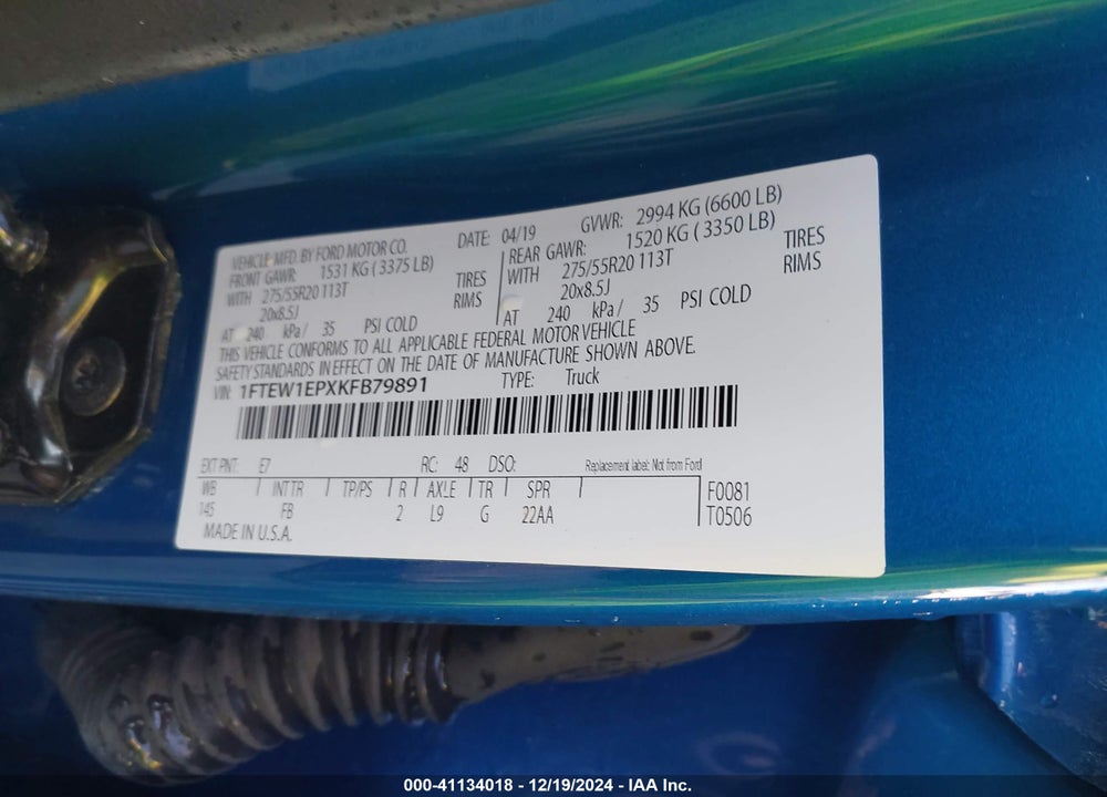 2019 FORD F-150 VIN: 1FTEW1EPXKFB79891