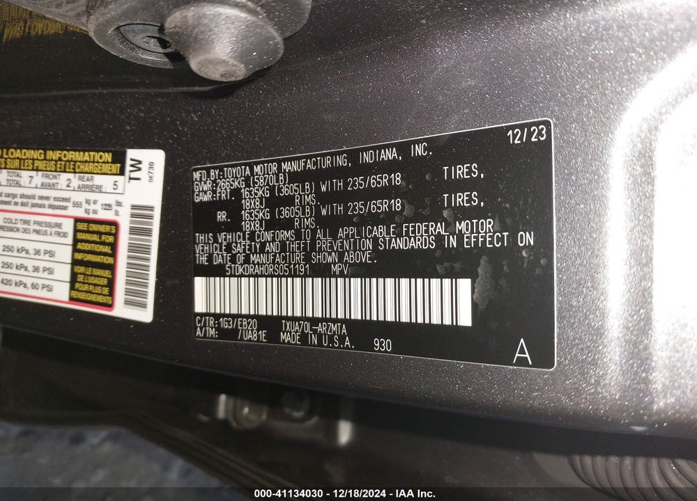 2024 TOYOTA HIGHLANDER XLE VIN: 5TDKDRAH0RS051191