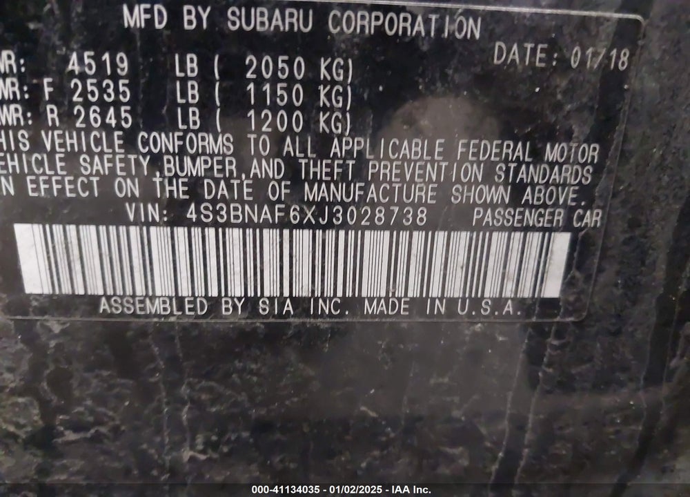 2018 SUBARU LEGACY VIN: 4S3BNAF6XJ3028738
