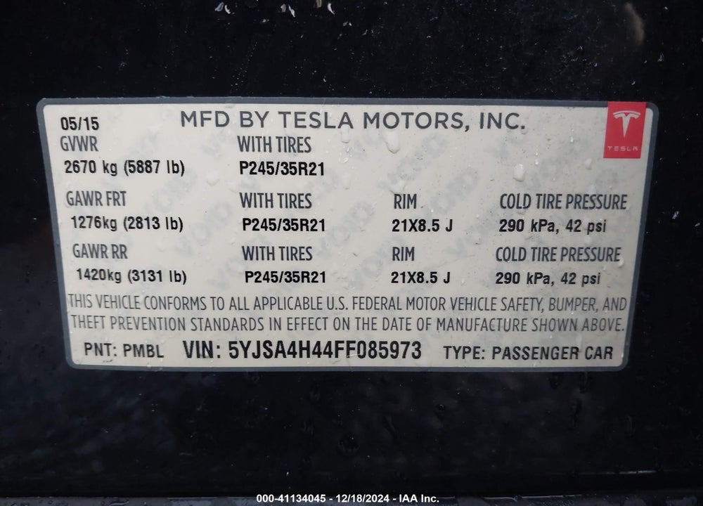 2015 TESLA MODEL S VIN: 5YJSA4H44FF085973