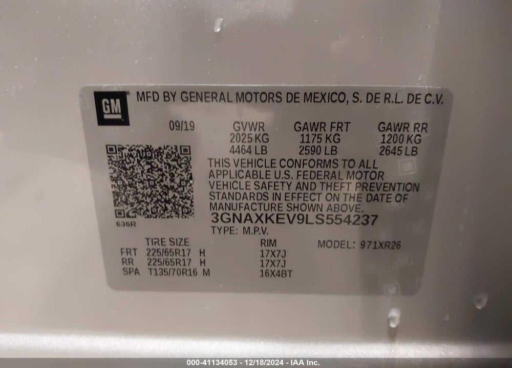 2020 CHEVROLET EQUINOX FWD LT 1.5L TURBO VIN: 3GNAXKEV9LS554237