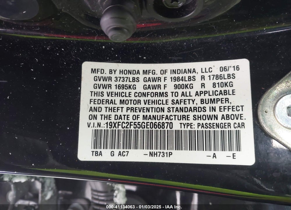 2016 HONDA CIVIC LX VIN: 19XFC2F55GE066870