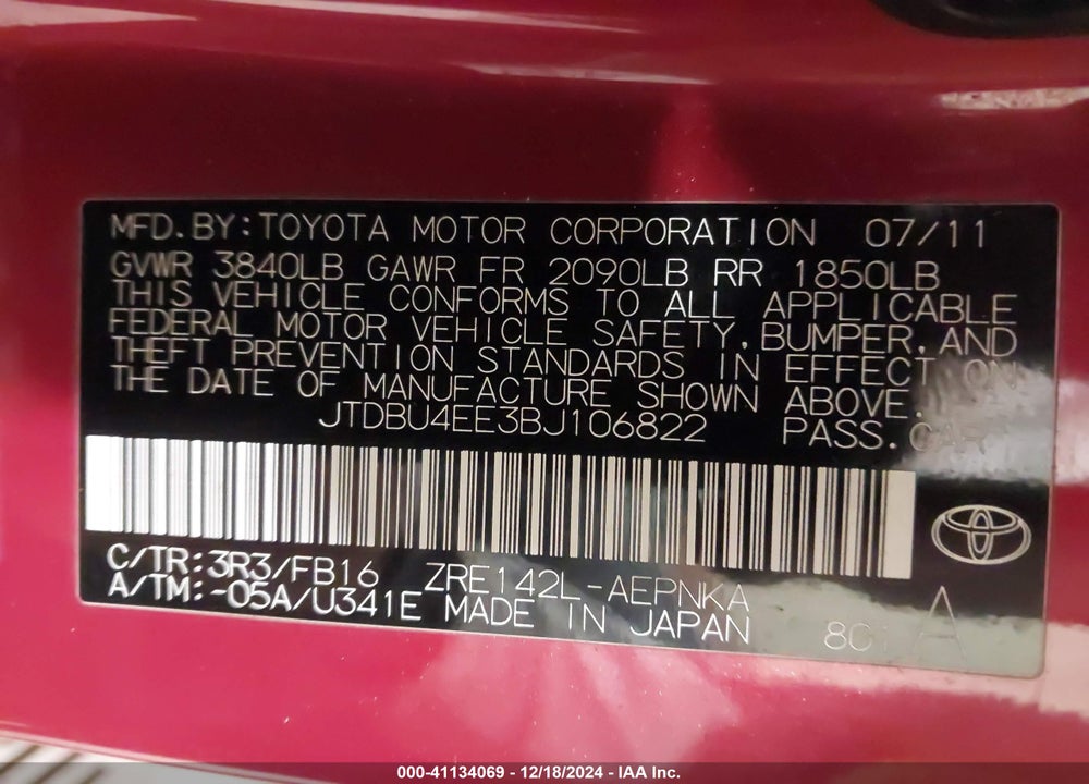 2011 TOYOTA COROLLA LE VIN: JTDBU4EE3BJ106822