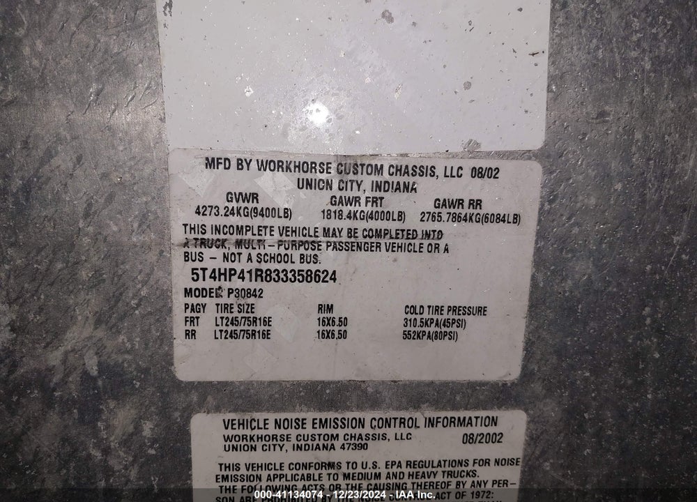 2003 WORKHORSE STEP VAN VIN: 5T4HP41R833358624
