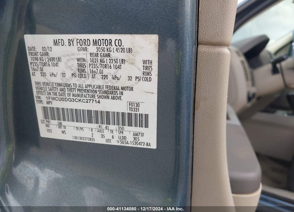2012 FORD ESCAPE XLT VIN: 1FMCU0DG3CKC27714