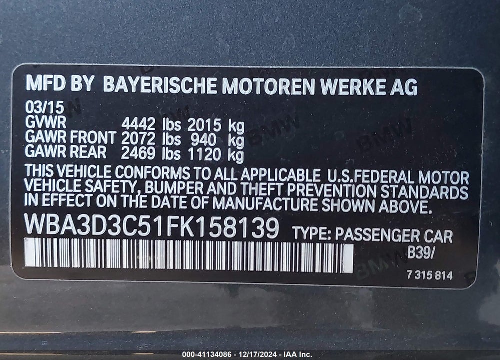 2015 BMW 328D VIN: WBA3D3C51FK158139