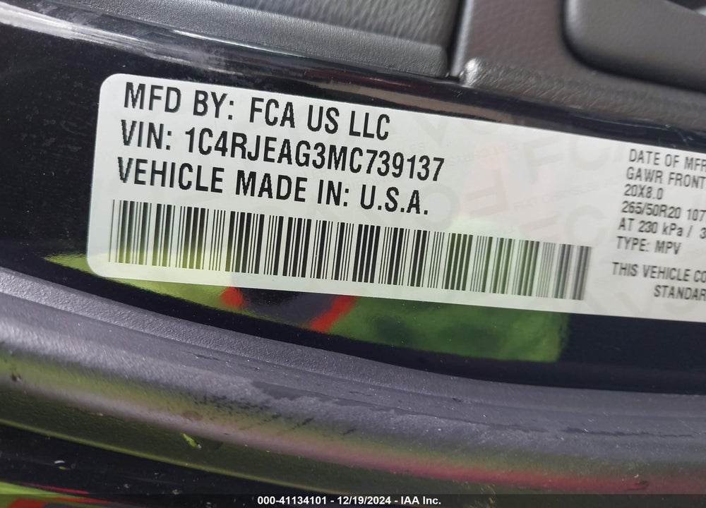 2021 JEEP GRAND CHEROKEE FREEDOM 4X2 VIN: 1C4RJEAG3MC739137