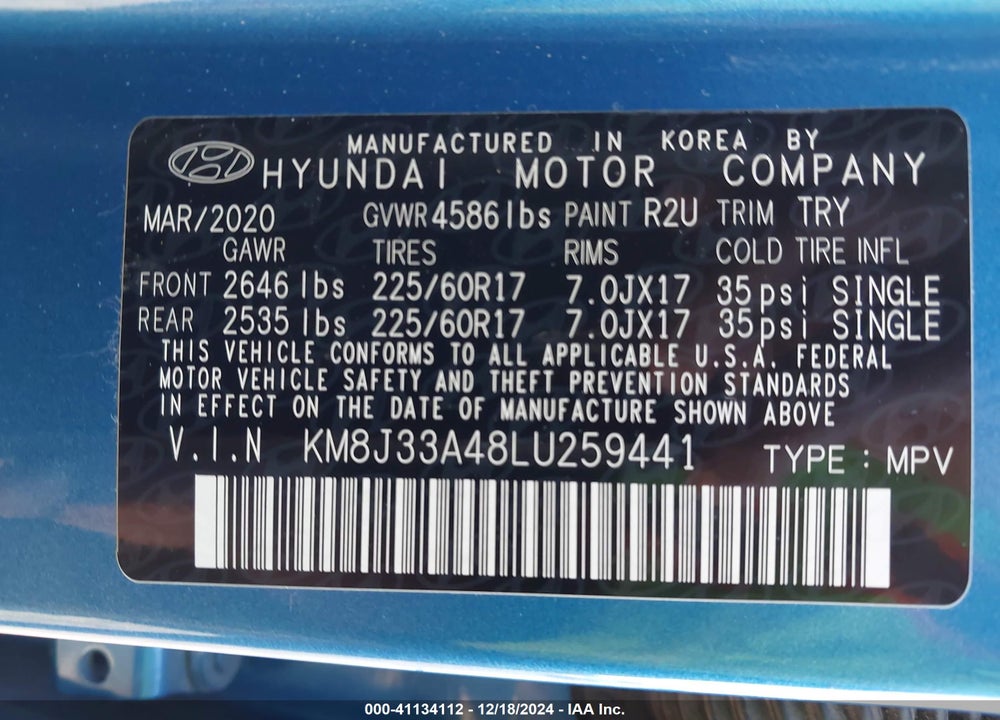 2020 HYUNDAI TUCSON VALUE VIN: KM8J33A48LU259441