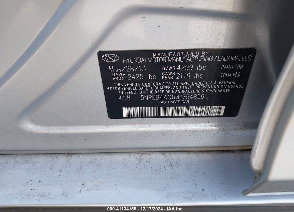 2013 HYUNDAI SONATA VIN: 5NPEB4AC1DH754856