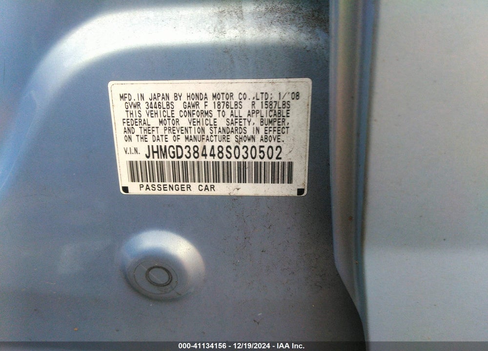 2008 HONDA FIT VIN: JHMGD38448S030502