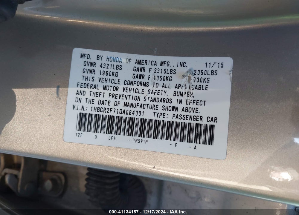 2016 HONDA ACCORD EX VIN: 1HGCR2F71GA084001