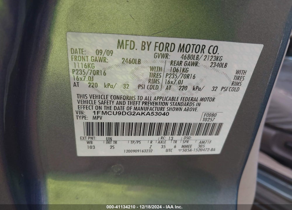 2010 FORD ESCAPE XLT VIN: 1FMCU9DG2AKA53040