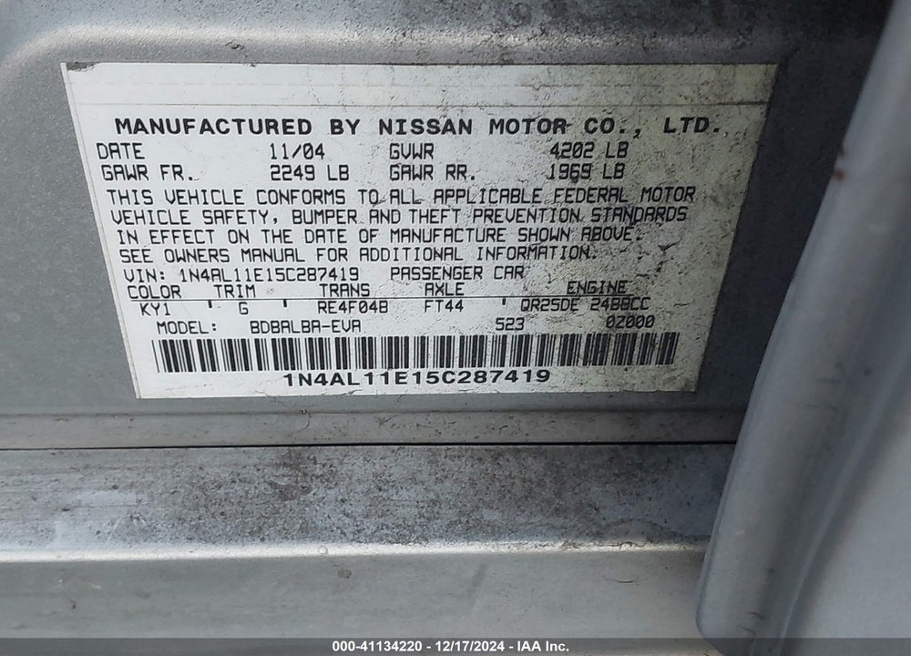 2005 NISSAN ALTIMA 2.5 S VIN: 1N4AL11E15C287419