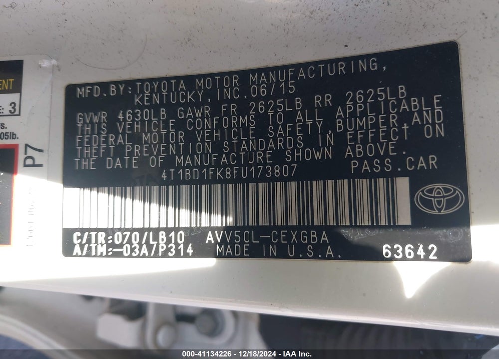 2015 TOYOTA CAMRY HYBRID XLE VIN: 4T1BD1FK8FU173807