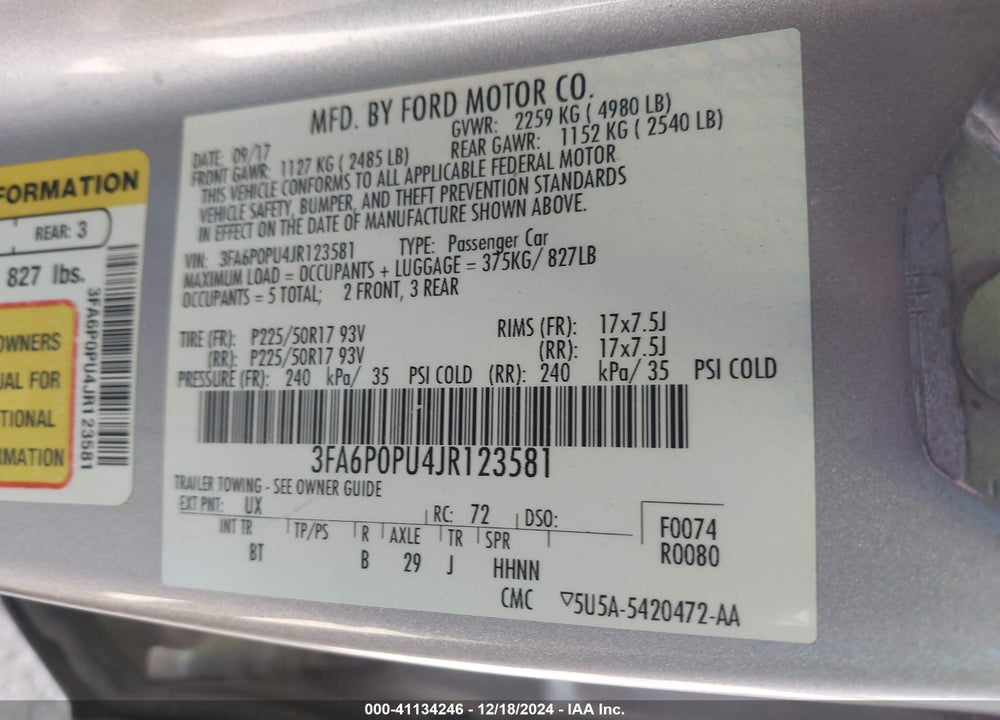 2018 FORD FUSION ENERGI SE LUXURY VIN: 3FA6P0PU4JR123581