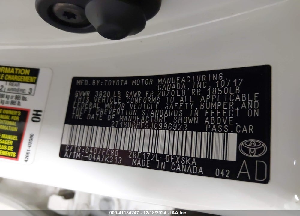 2018 TOYOTA COROLLA SE VIN: 2T1BURHE5JC996923