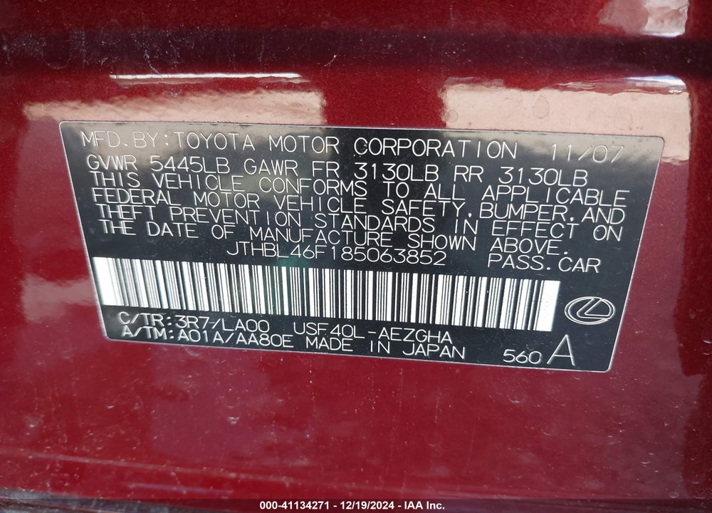 2008 LEXUS LS 460 VIN: JTHBL46F185063852