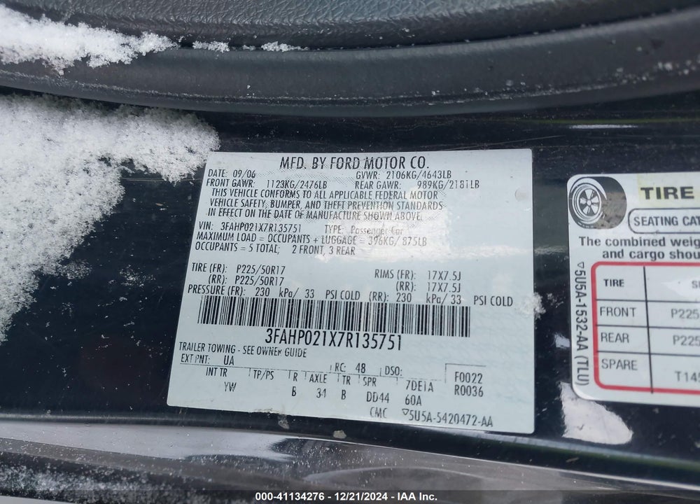 2007 FORD FUSION VIN: 3FAHP021X7R135751