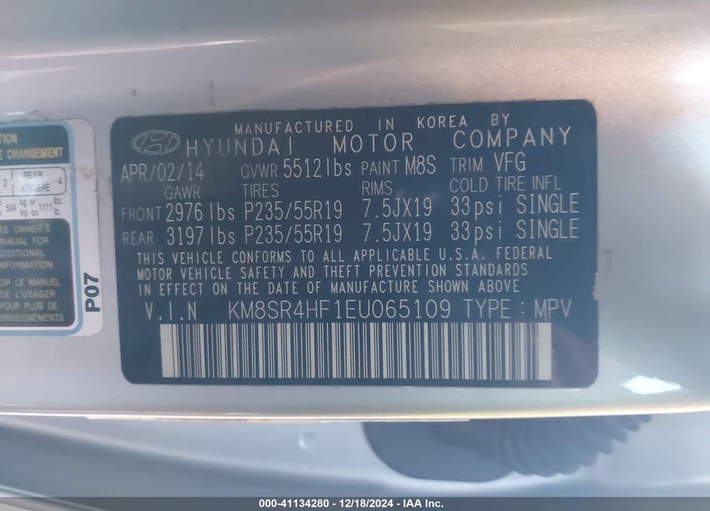 2014 HYUNDAI SANTA FE LIMITED VIN: KM8SR4HF1EU065109
