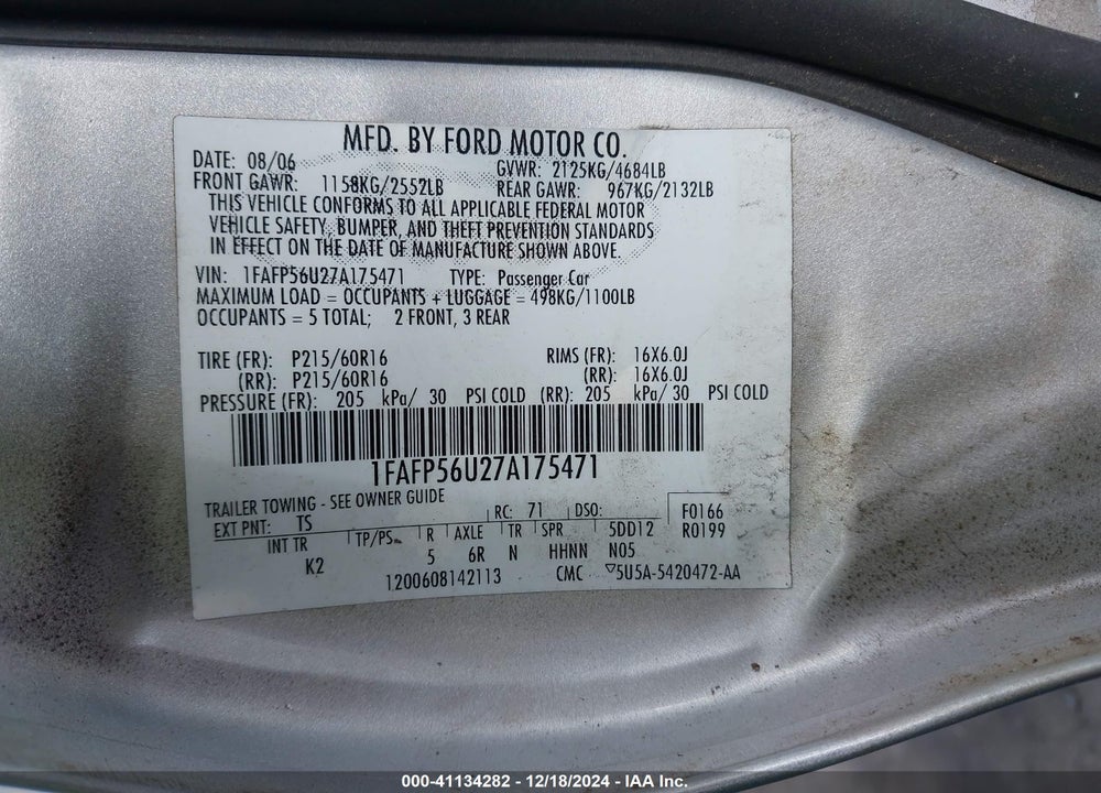 2007 FORD TAURUS SEL VIN: 1FAFP56U27A175471