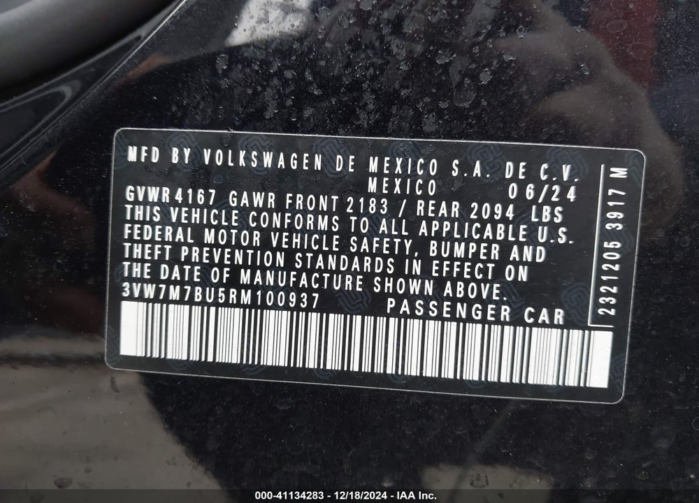 2024 VOLKSWAGEN JETTA VIN: 3VW7M7BU5RM100937