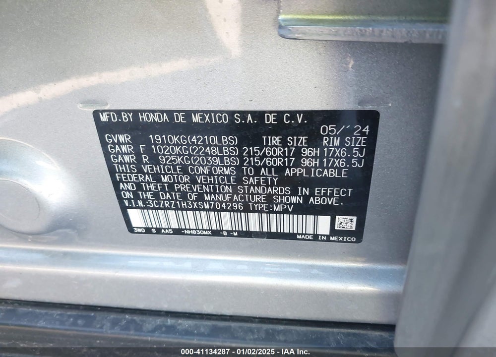 2025 HONDA HR-V VIN: 3CZRZ1H3XSM704296