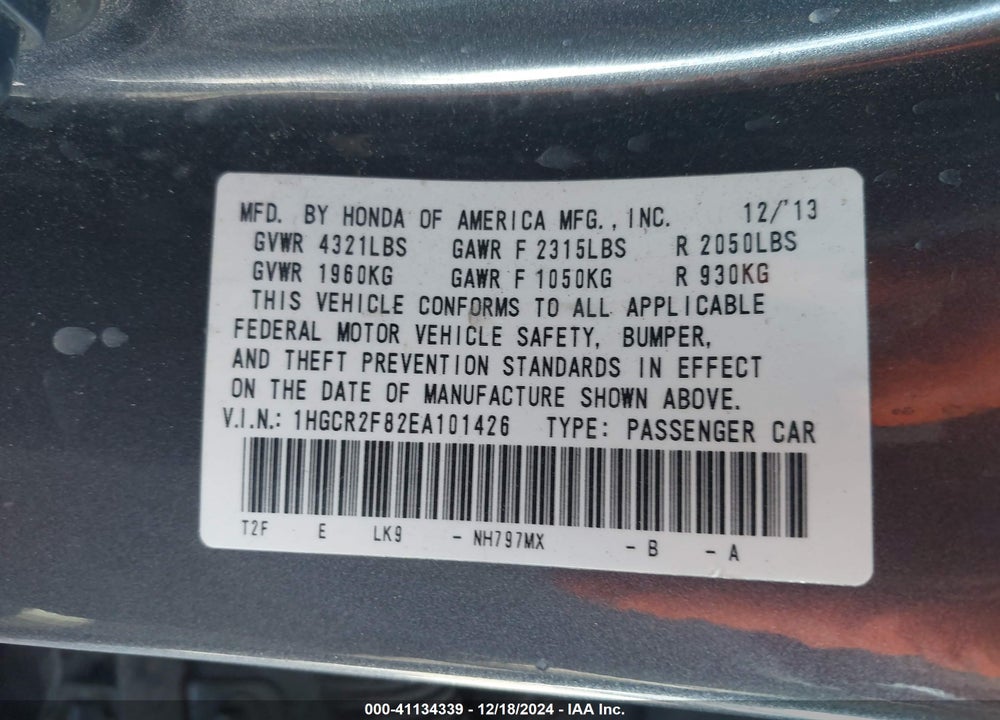 2014 HONDA ACCORD EX-L VIN: 1HGCR2F82EA101426