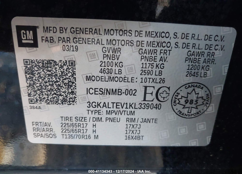 2019 GMC TERRAIN SLE VIN: 3GKALTEV1KL339040