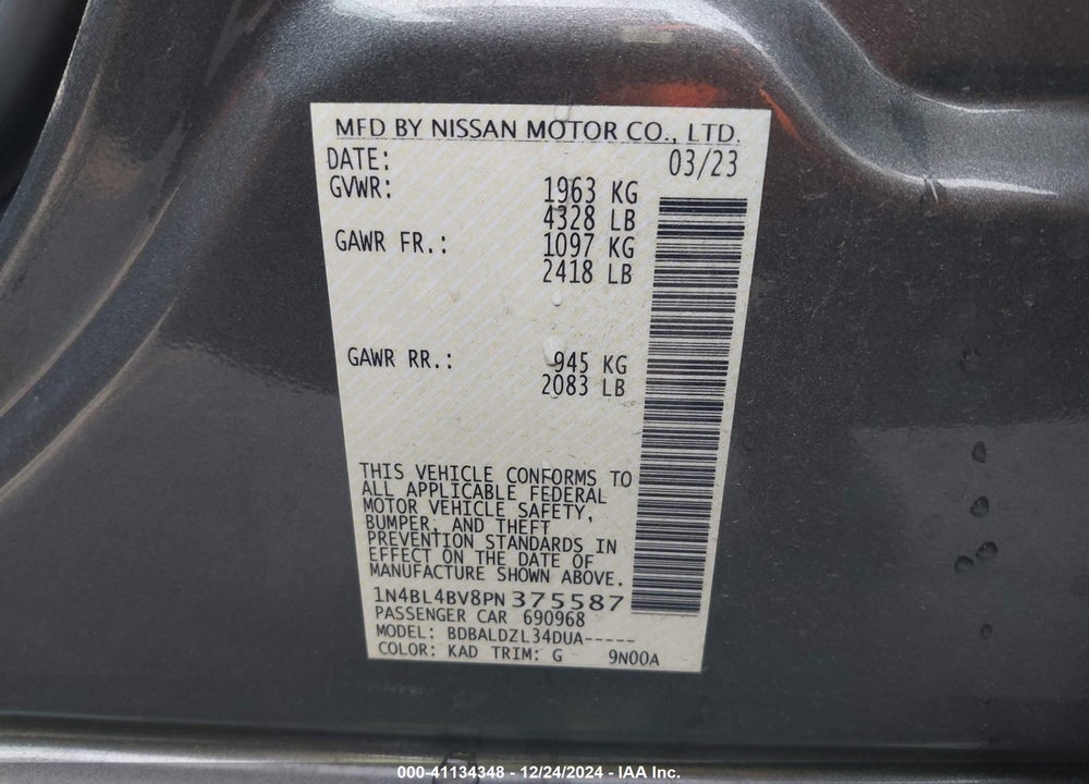 2023 NISSAN ALTIMA S FWD VIN: 1N4BL4BV8PN375587