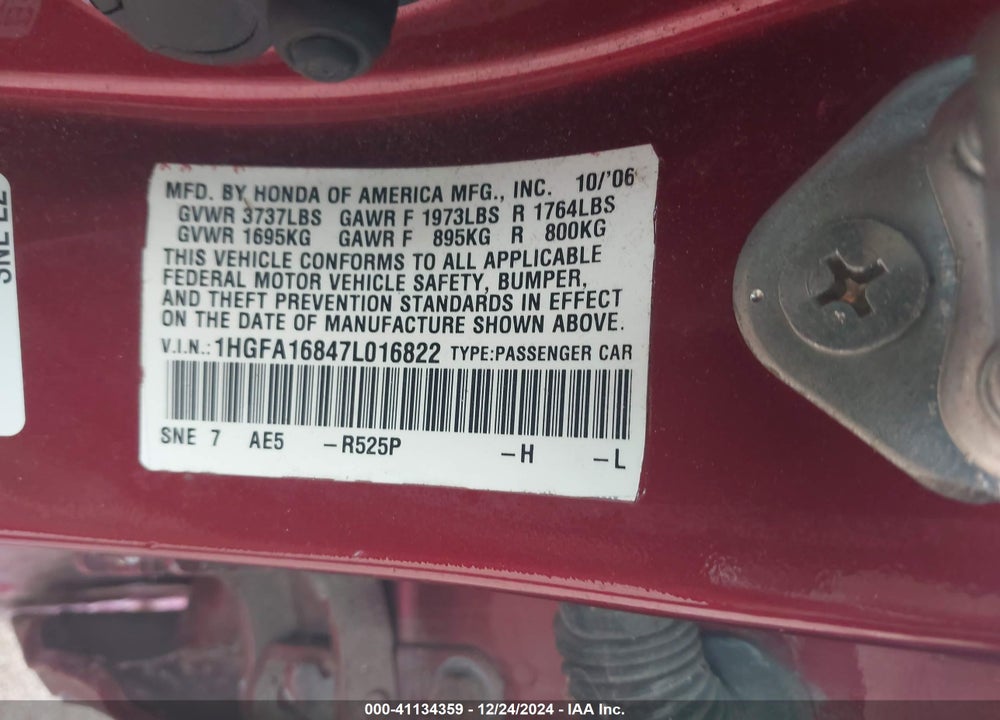2007 HONDA CIVIC VIN: 1HGFA16847L016822