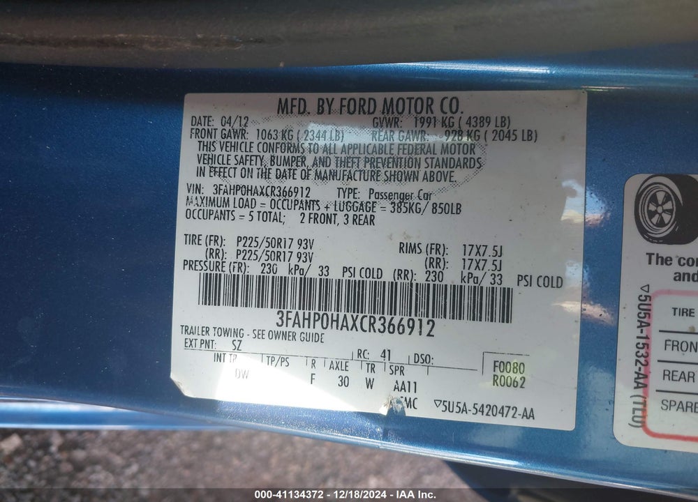2012 FORD FUSION VIN: 3FAHP0HAXCR366912