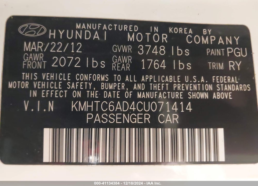 2012 HYUNDAI VELOSTER VIN: KMHTC6AD4CU071414