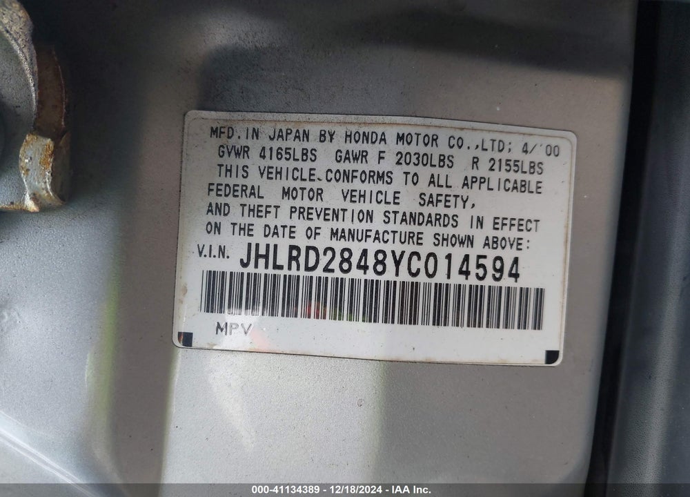2000 HONDA CR-V LX VIN: JHLRD2848YC014594