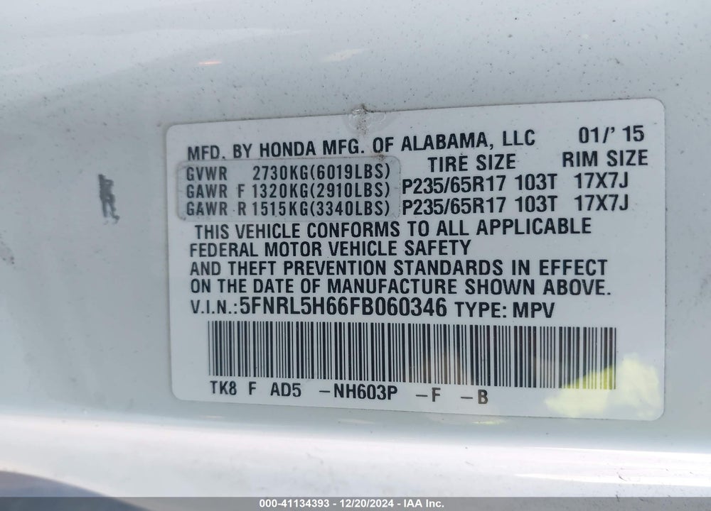 2015 HONDA ODYSSEY EX-L VIN: 5FNRL5H66FB060346
