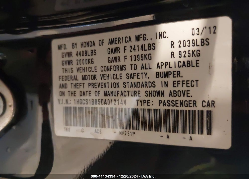 2012 HONDA ACCORD CPE 2.4 EX-L/EX-L VIN: 1HGCS1B85CA012144