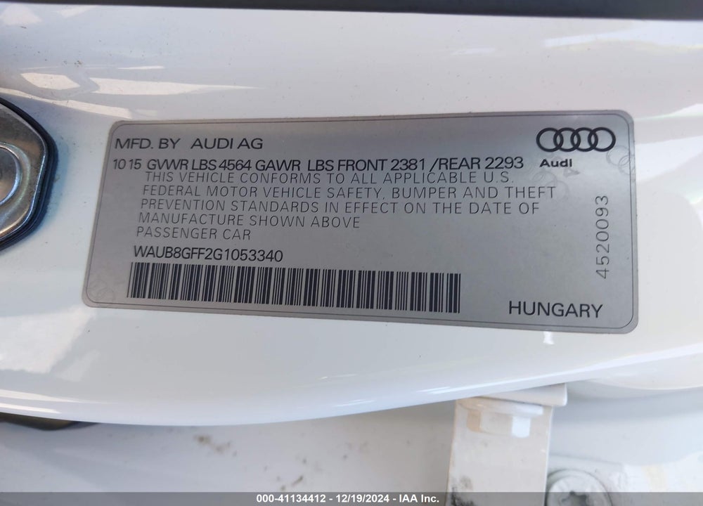 2016 AUDI A3 2.0T PREMIUM VIN: WAUB8GFF2G1053340