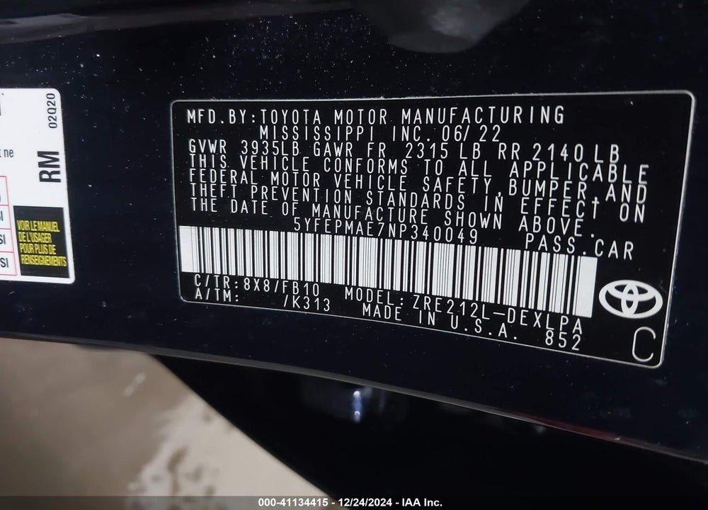 2022 TOYOTA COROLLA VIN: 5YFEPMAE7NP340049