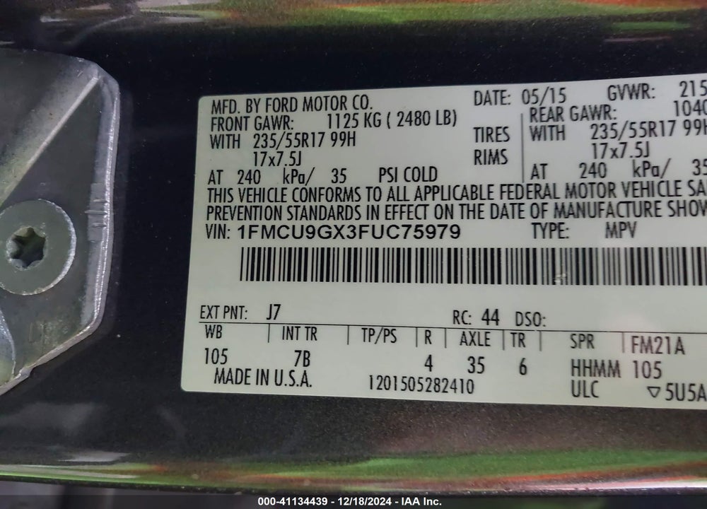2015 FORD ESCAPE SE VIN: 1FMCU9GX3FUC75979