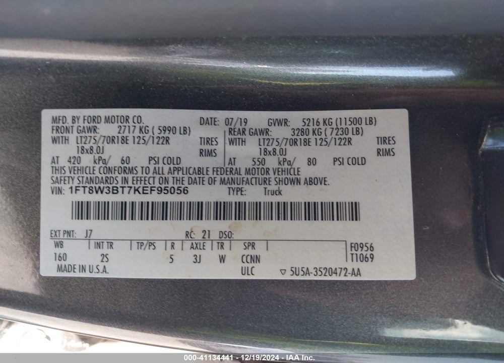 2019 FORD F-350 XLT VIN: 1FT8W3BT7KEF95056