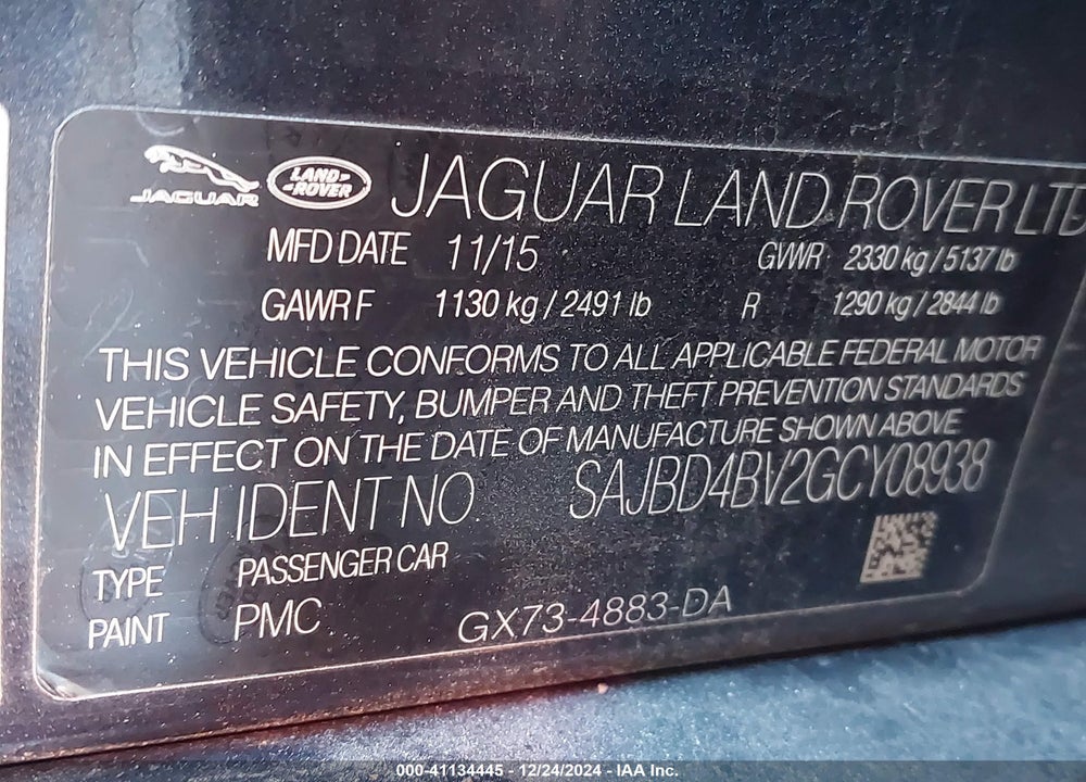 2016 JAGUAR XF VIN: SAJBD4BV2GCY08938
