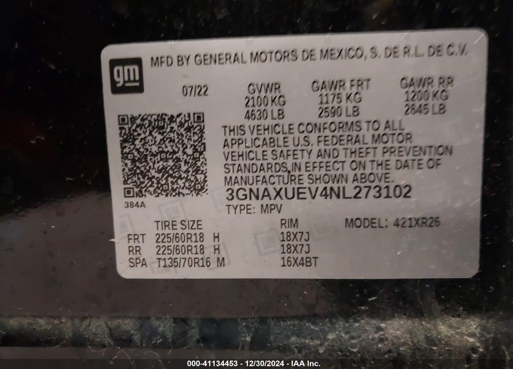 2022 CHEVROLET EQUINOX AWD LT VIN: 3GNAXUEV4NL273102