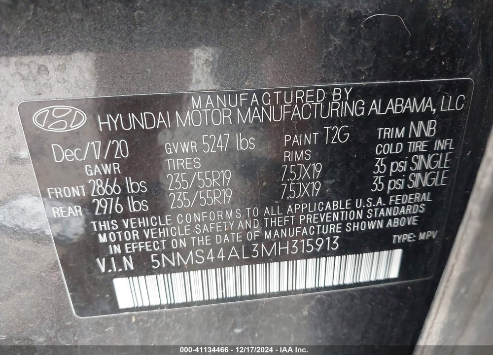2021 HYUNDAI SANTA FE LIMITED VIN: 5NMS44AL3MH315913