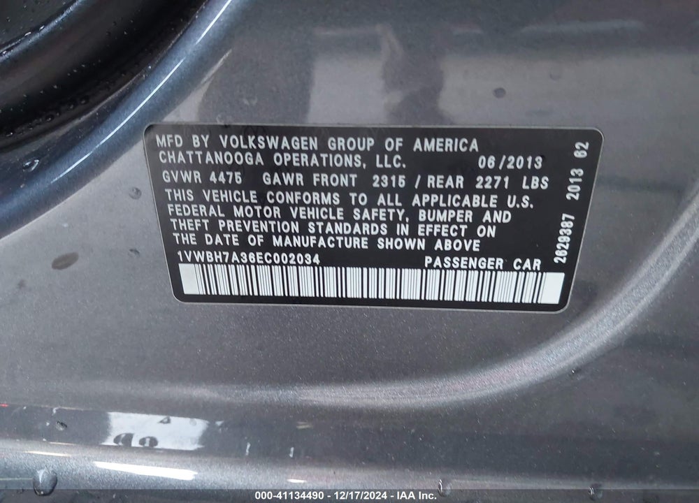 2014 VOLKSWAGEN PASSAT 2.5L SE VIN: 1VWBH7A36EC002034