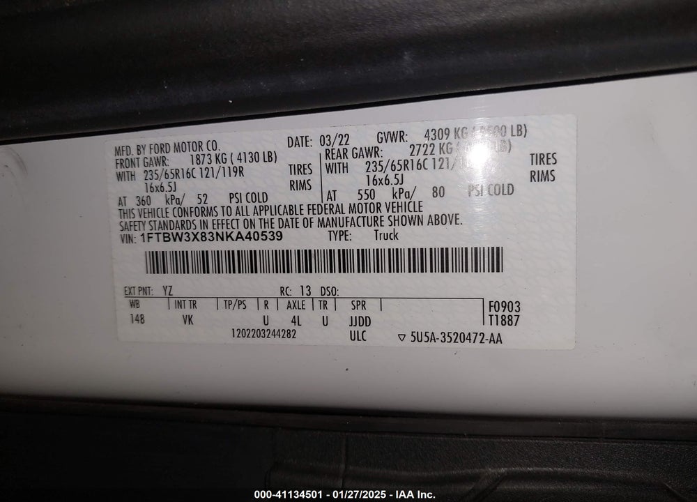 2022 FORD TRANSIT-350 CARGO VAN VIN: 1FTBW3X83NKA40539