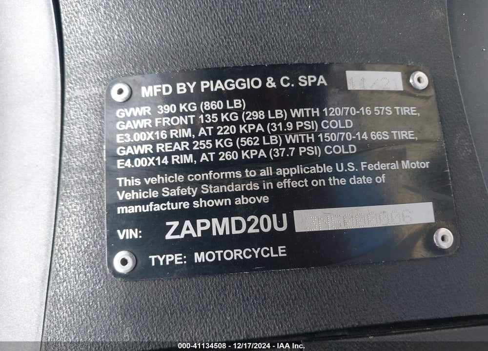 2022 PIAGGIO BV 400 VIN: ZAPMD20U3N5000006