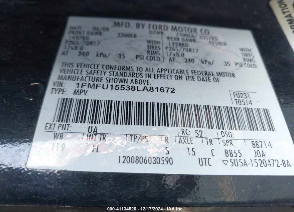 2008 FORD EXPEDITION XLT VIN: 1FMFU15538LA81672