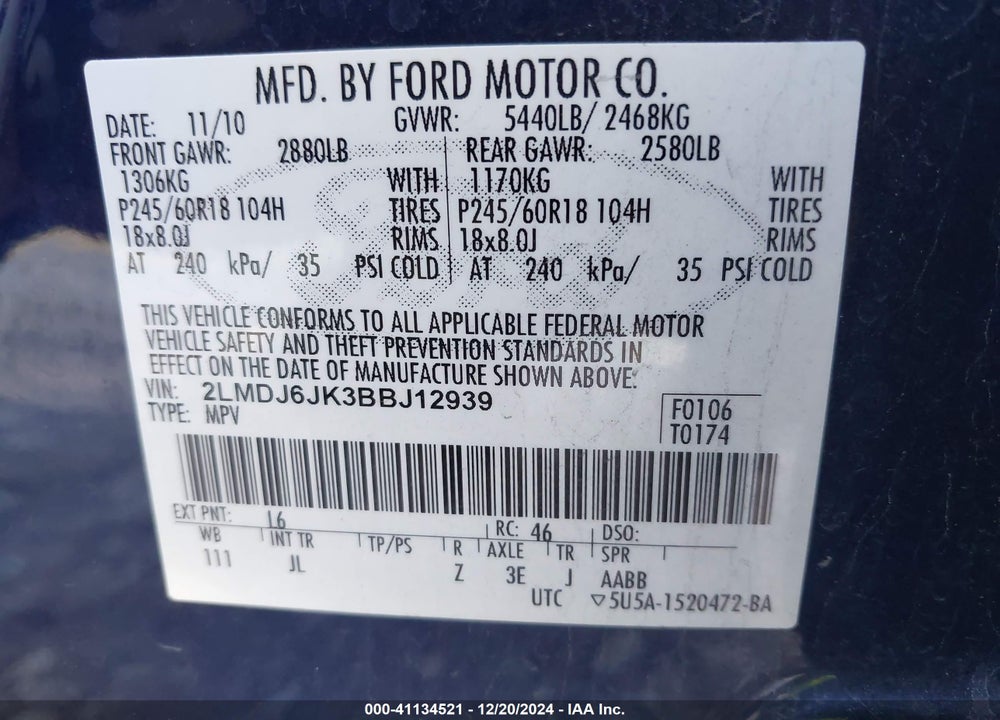 2011 LINCOLN MKX VIN: 2LMDJ6JK3BBJ12939