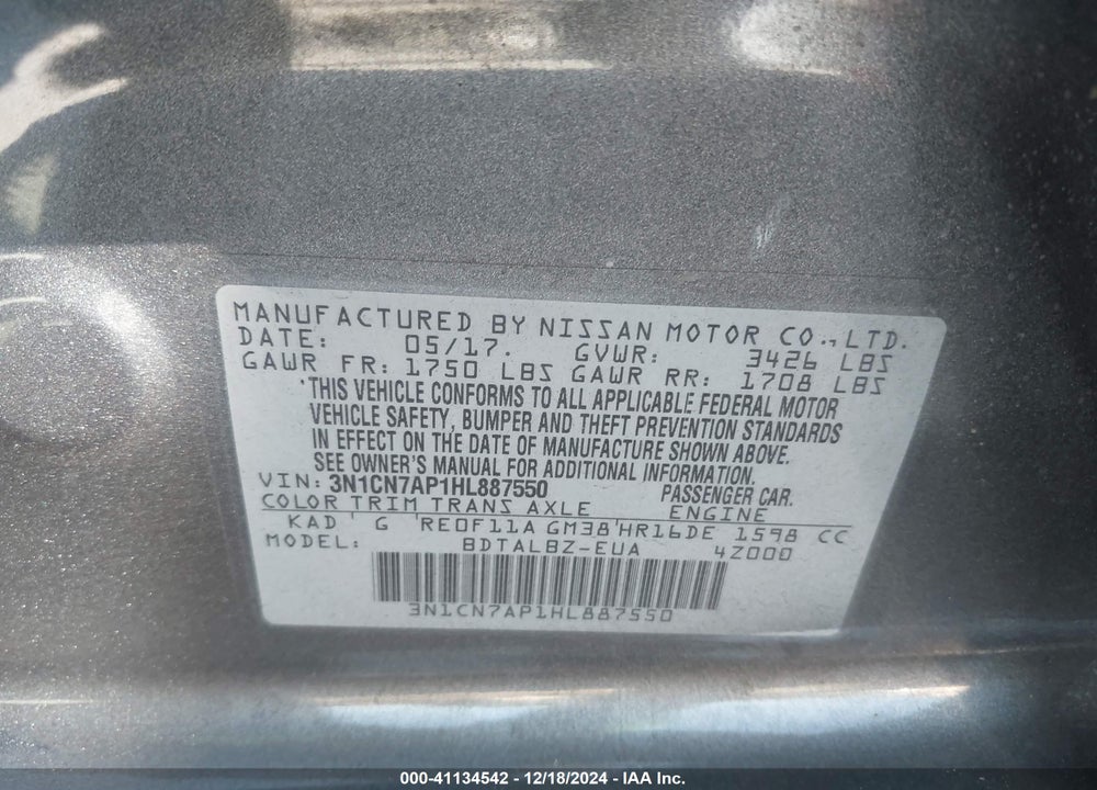 2017 NISSAN VERSA VIN: 3N1CN7AP1HL887550