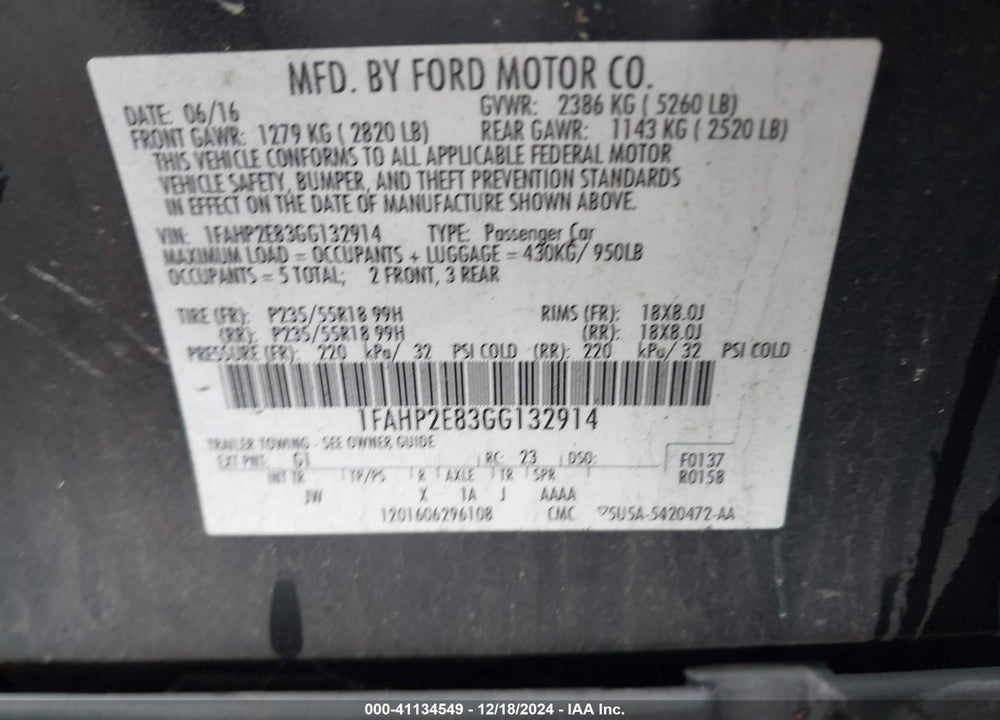 2016 FORD TAURUS VIN: 1FAHP2E83GG132914