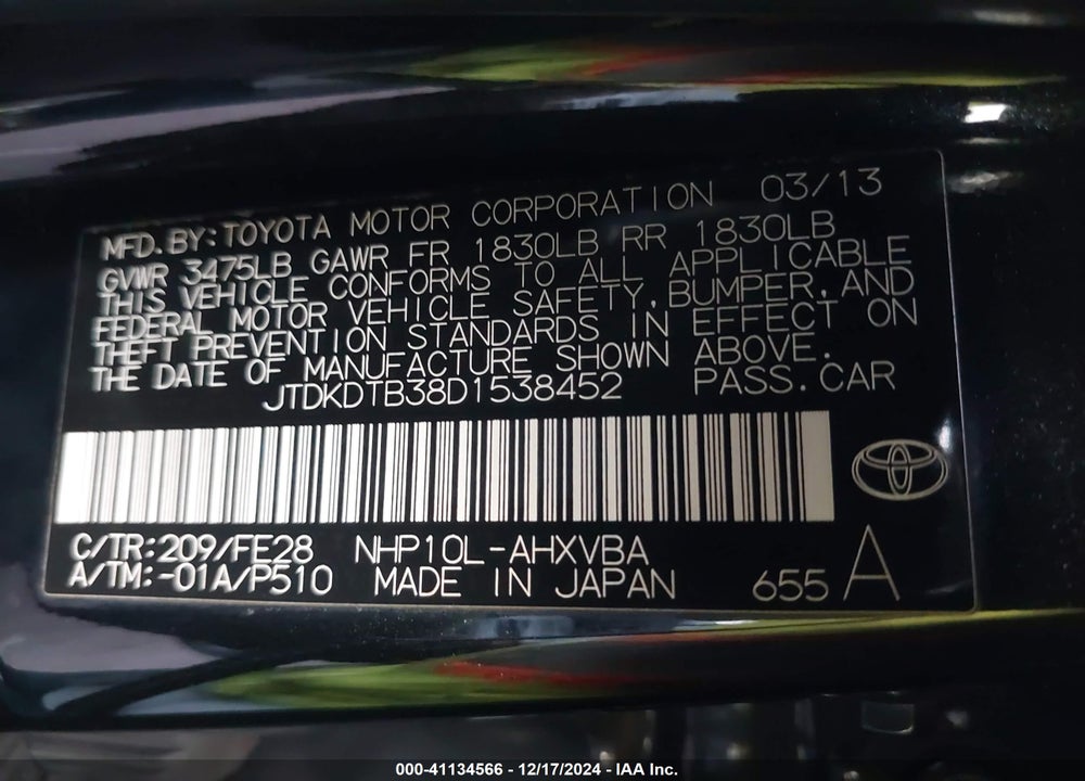 2013 TOYOTA PRIUS C ONE VIN: JTDKDTB38D1538452